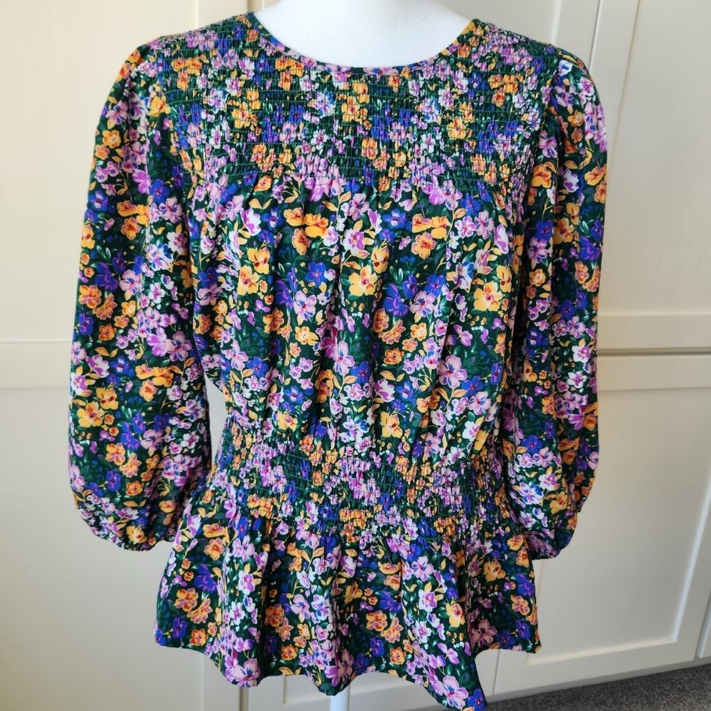 Anthropologie Floral Peplum Puff Sleeve Blouse